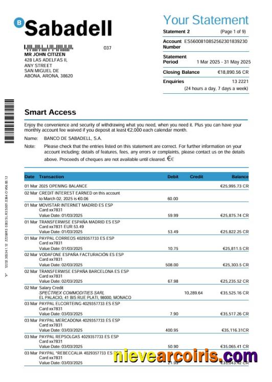 Spain Sabadell bank statement 3 month Word and PDF, 9 pages